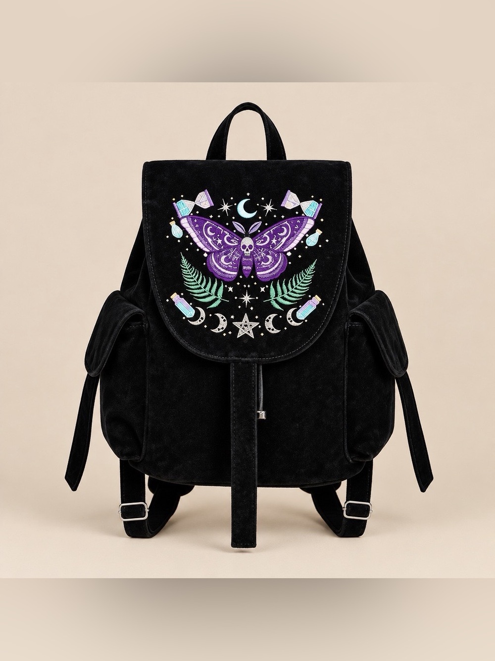 Romwe Fairycore Black Velvet Backpack with Purple Moth & Celestial Embroidery